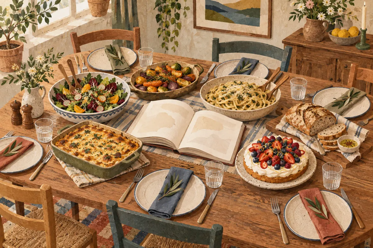 Illustration of a cookbook club table with shared dishes and an open cookbook.