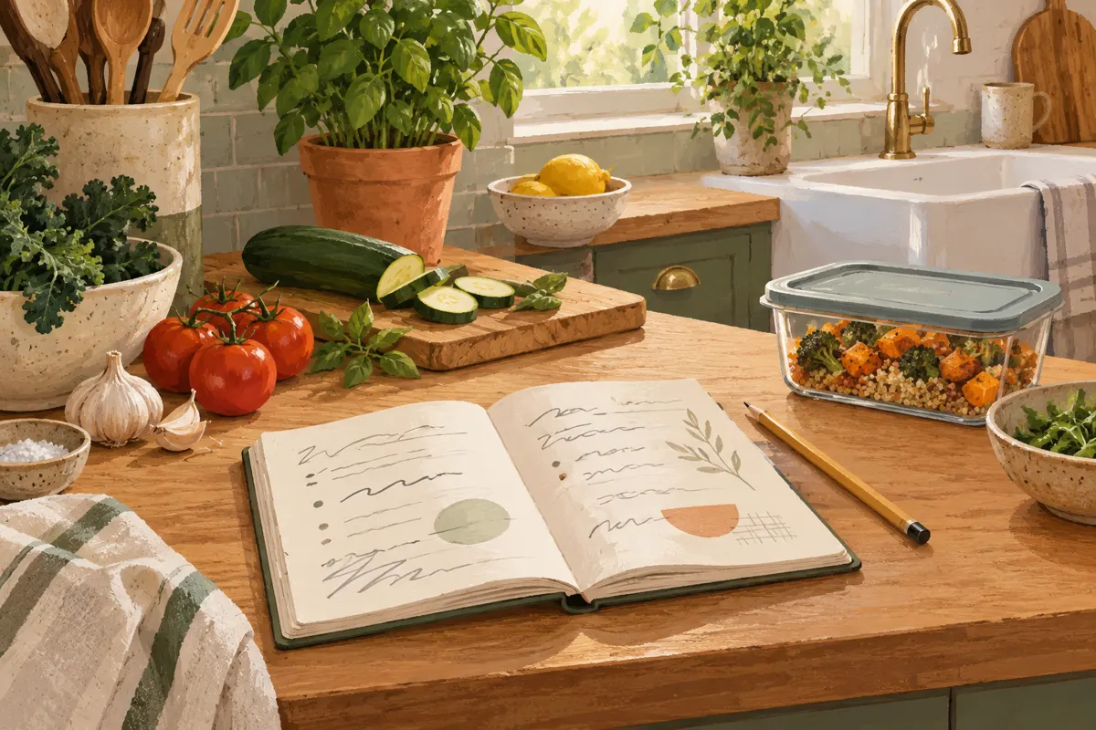 Illustration of a notebook, vegetables, and a leftover container on a kitchen counter.