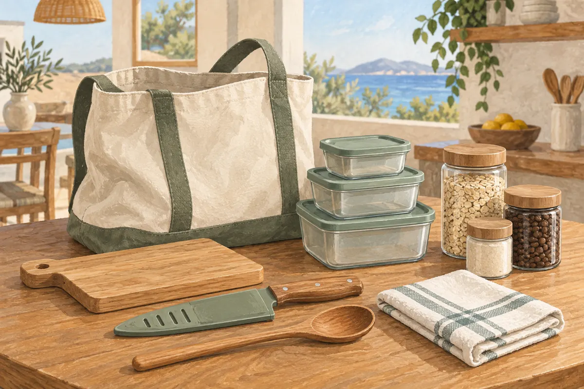 Illustration of compact kitchen utensils and pantry essentials arranged beside an open travel tote.