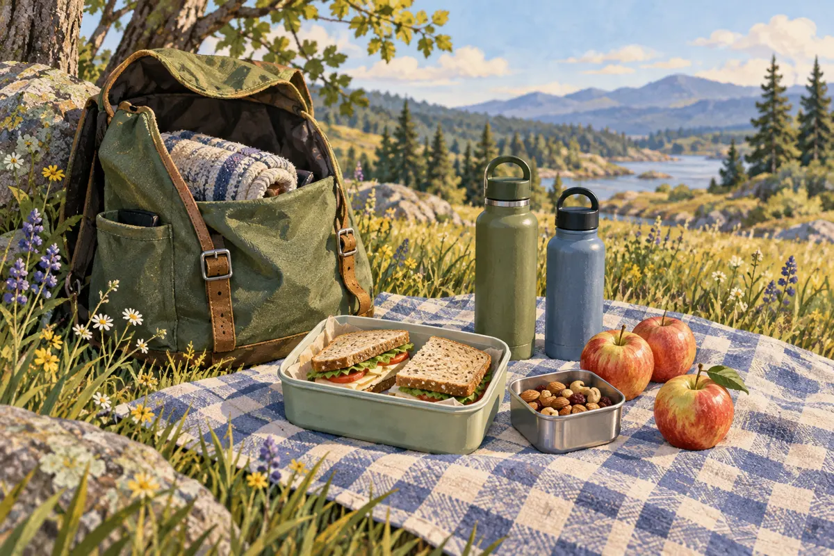 Illustration of a compact walking picnic for two packed beside a backpack.