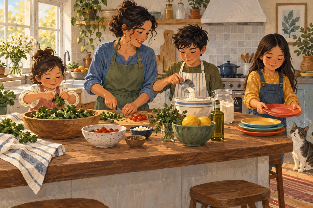 Illustration of a family sharing simple dinner preparation tasks in a kitchen.
