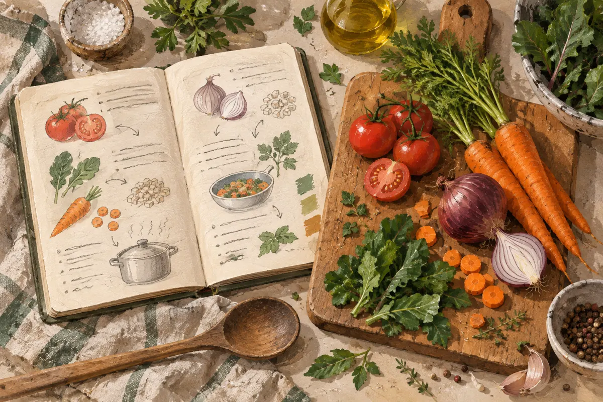 Illustration of a recipe notebook beside vegetables and kitchen utensils.